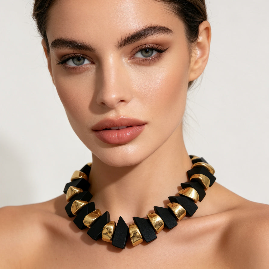 Set Collar Pulsera Geométrico Madera y Oro - Joyería Minimalista|JI JOYA