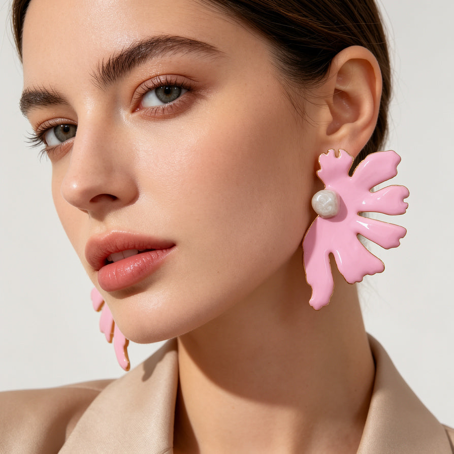 Pendientes de Flor de Esmalte con Detalle de Perla - 3 Colores | Joyería de Moda al Por Mayor|JI JOYA