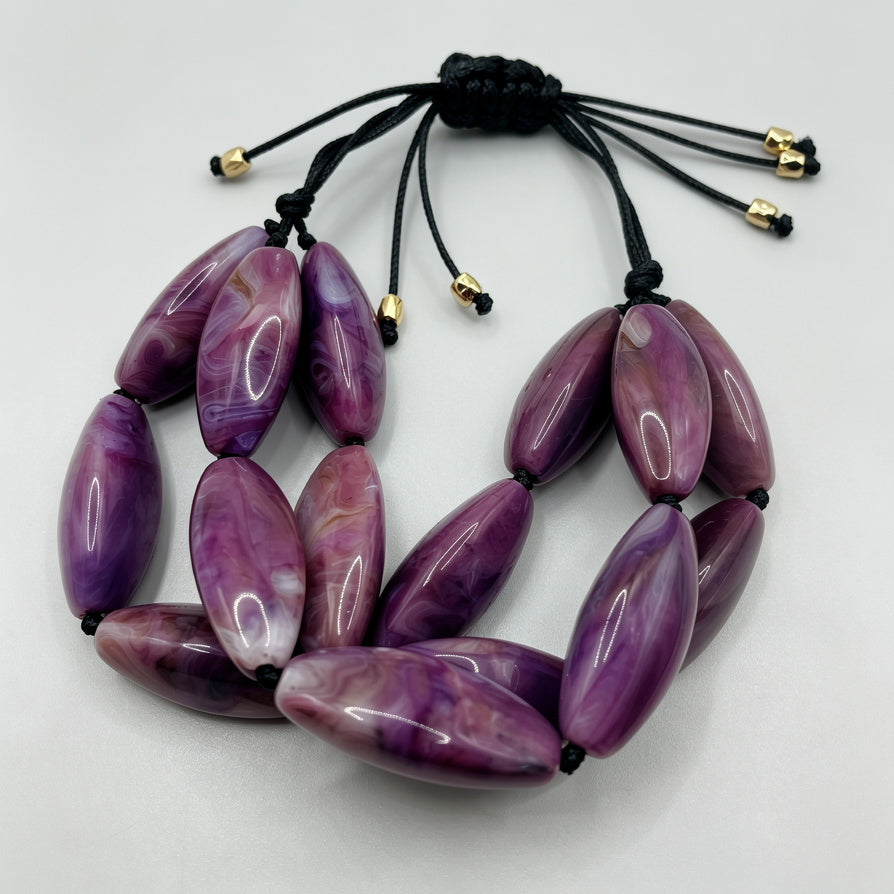 Set de Joyería al Por Mayor Collar Pulsera Pendientes, Cuentas Elípticas Marmoladas, 2 Tonos Morado y Azul Marino|JI JOYA