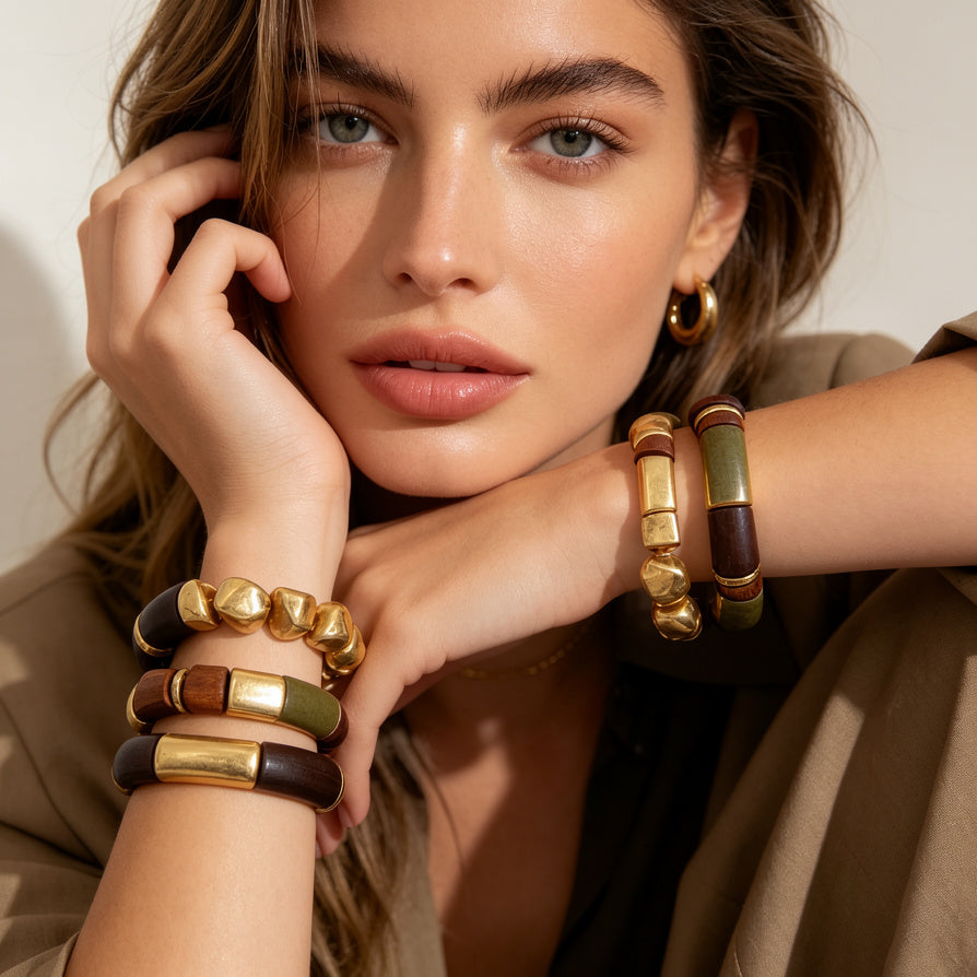 Joyería Étnica Modular Madera Natural y Metal Dorado | Pulseras de Gran Calidad Venta al Por Mayor B2B|JI JOYA