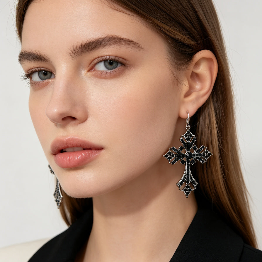 endientes de Cruz Vintage con Cristales Negros, Dorado/Plateado, Joyería de Moda al Por Mayor para Mujeres|JI JOYA