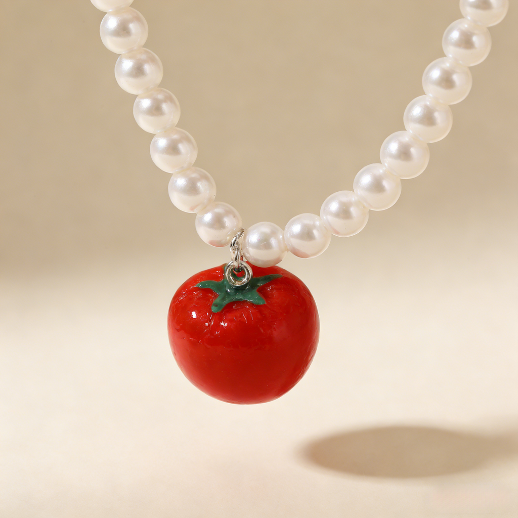Conjunto de collar y pendientes colgantes con perla de tomate | Joyas originales de frutas de verano