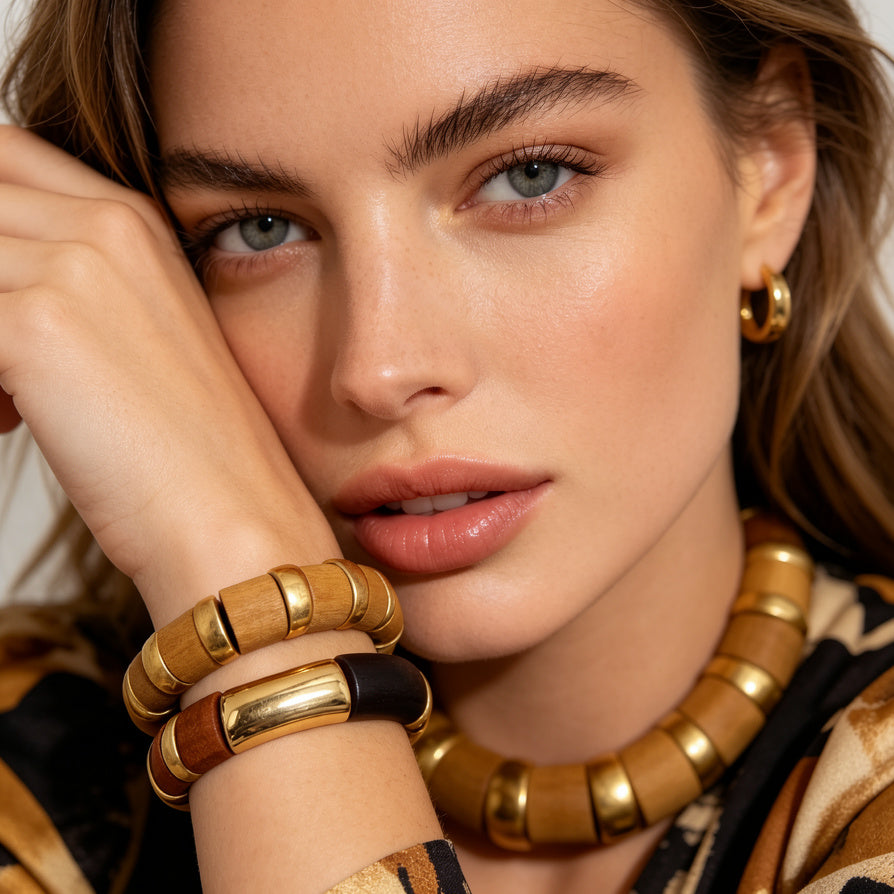 Set de Pulseras de Madera y Oro Minimalista, Brazalete Combinado para Mujer, Joyería de Moda Mayorista|JI JOYA