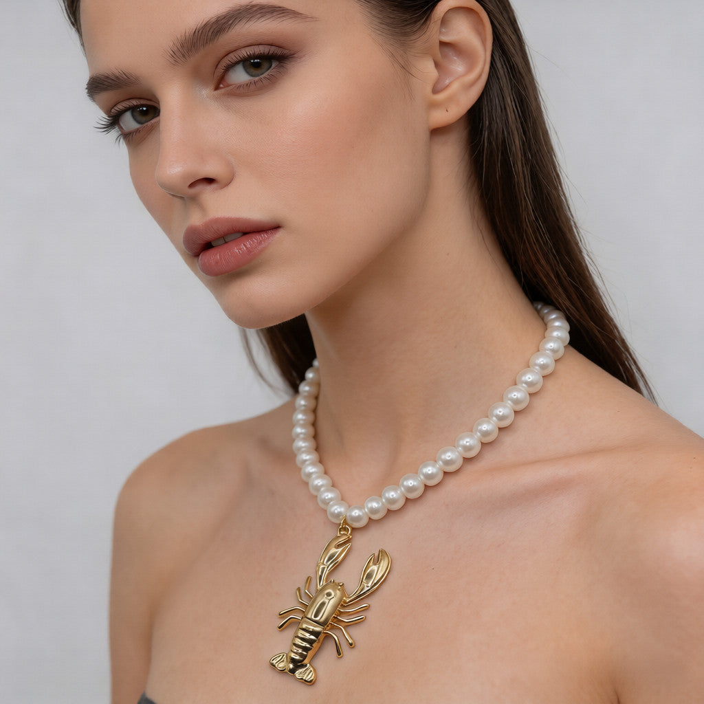 Pearl Necklace with Golden Lobster Charm | Unique Fashion Accessory