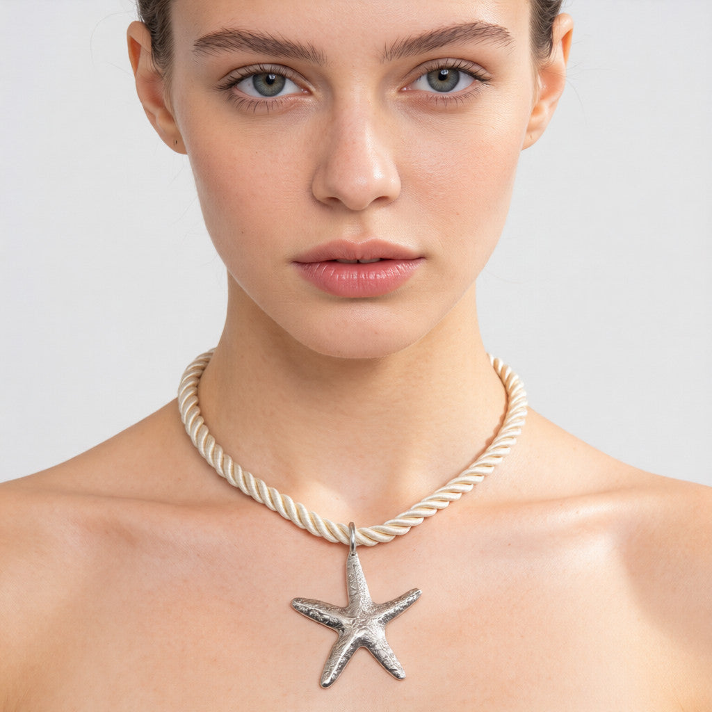 Collar de Cuerda con Dije de Estrella de Mar en Plata|Dorado