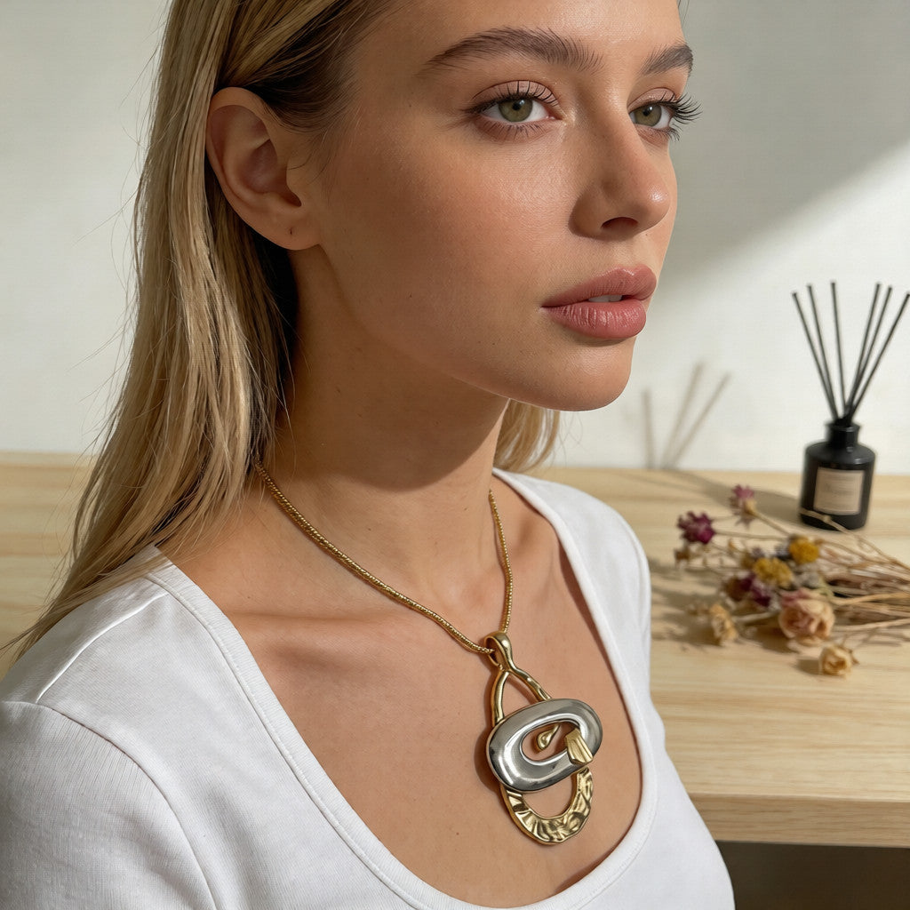 Two-Tone Geometric Pendant Necklace | Gold Silver Interlocking Statement Jewelry for Women