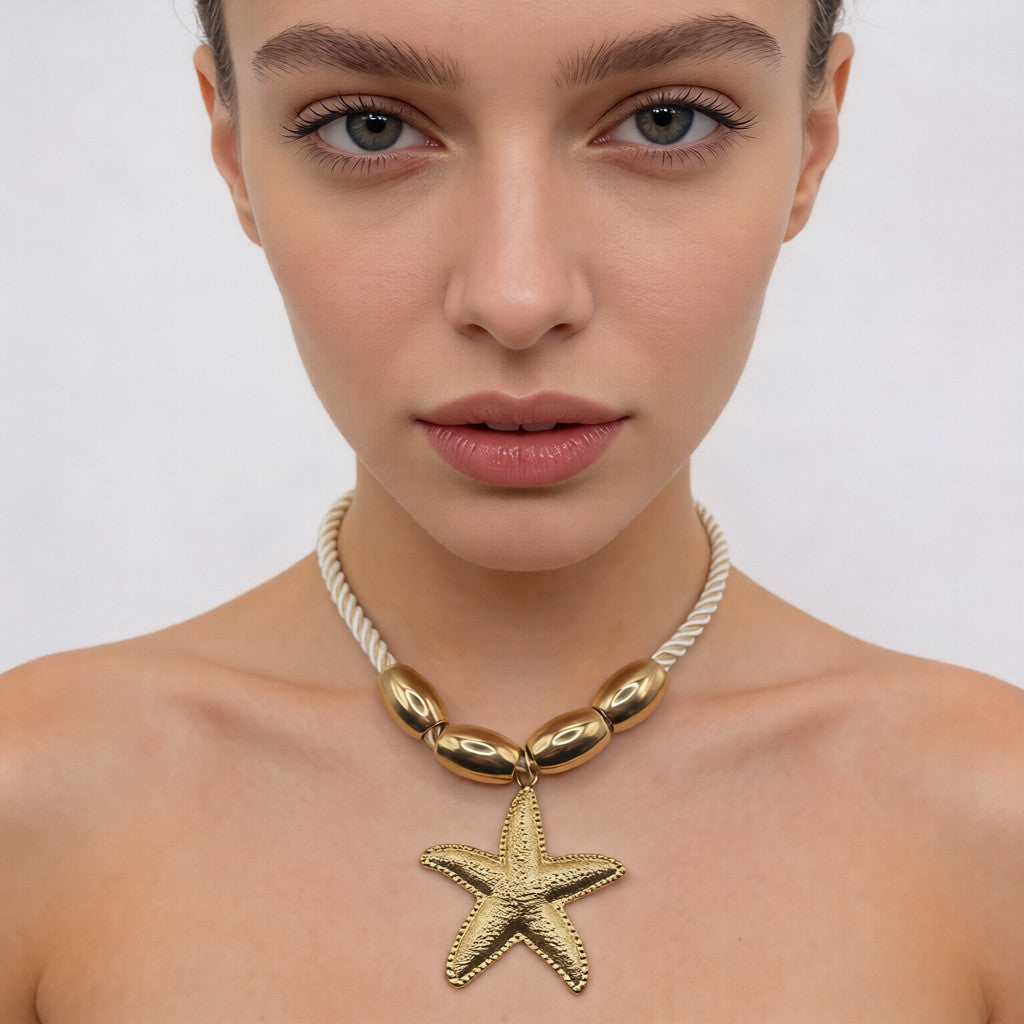 Collar de Estrella de Mar de Inspiración Costera | Diseño Elegante en Oro y Cuerda Blanca