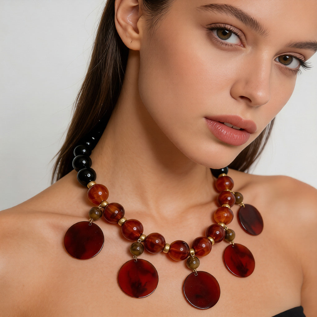 Bohemian chic reddish-brown beaded necklace with golden details | Handmade resin pendant necklace