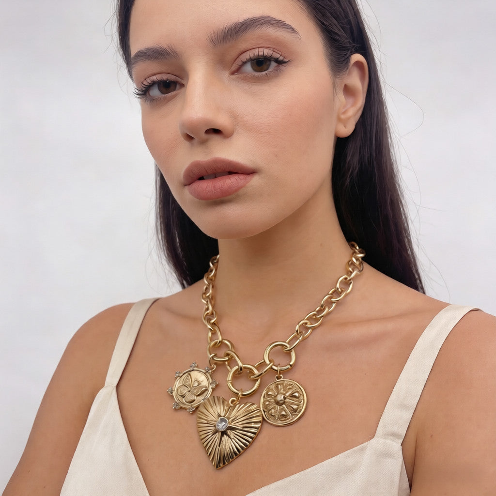 Chunky Gold Heart Medallion Necklace | Trendy Y2K Statement Choker with Coin Pendants