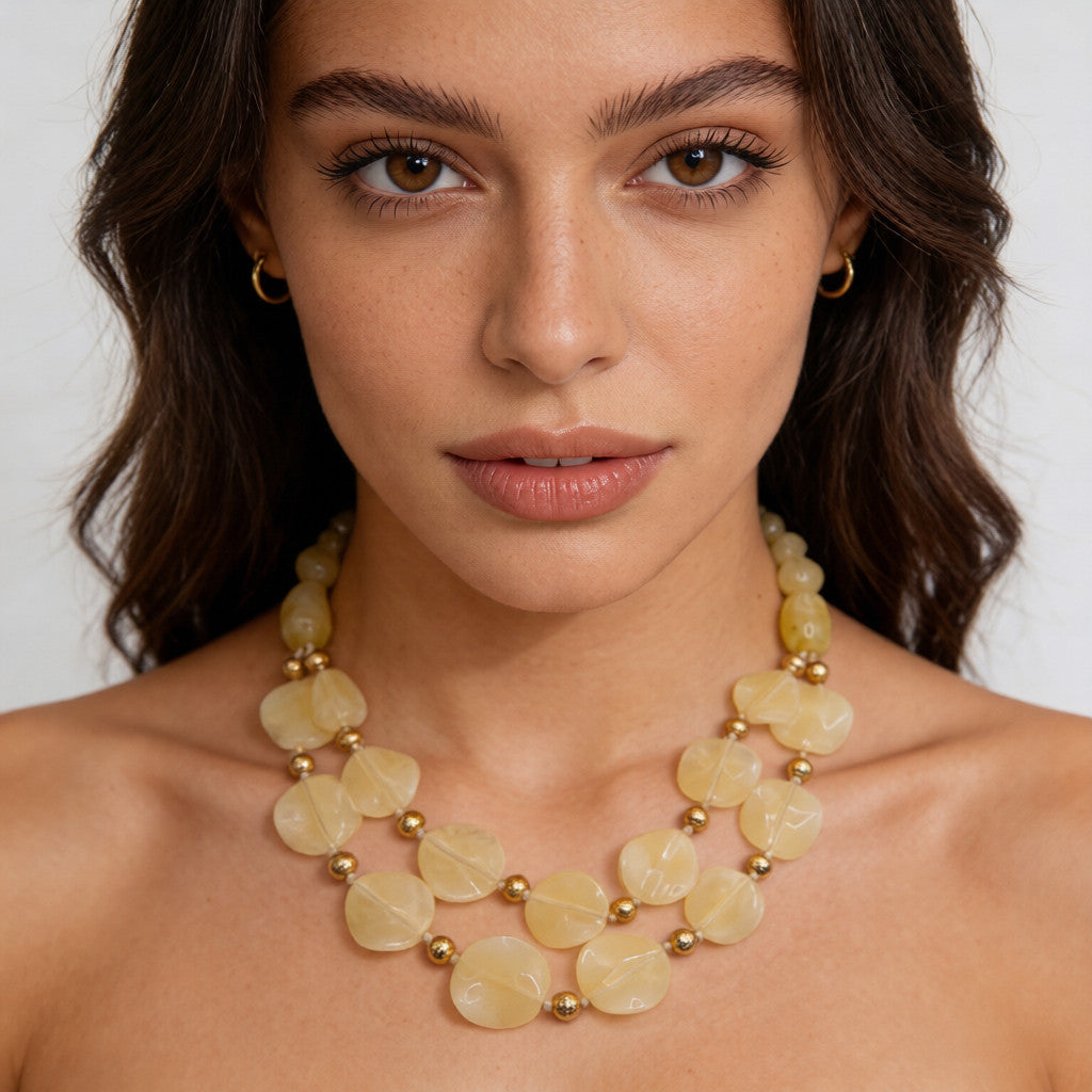 Collar Doble de Resina Amarilla con Detalles Dorados | Accesorio Elegante y Sofisticado para Mujer | Ideal para Ocasiones Especiales