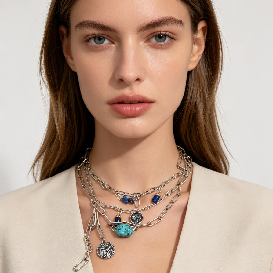 Collar de Cadena Doble con Colgantes de Piedras Naturales y Moneda - Joyería de Zinc para Wholesale|JI JOYA
