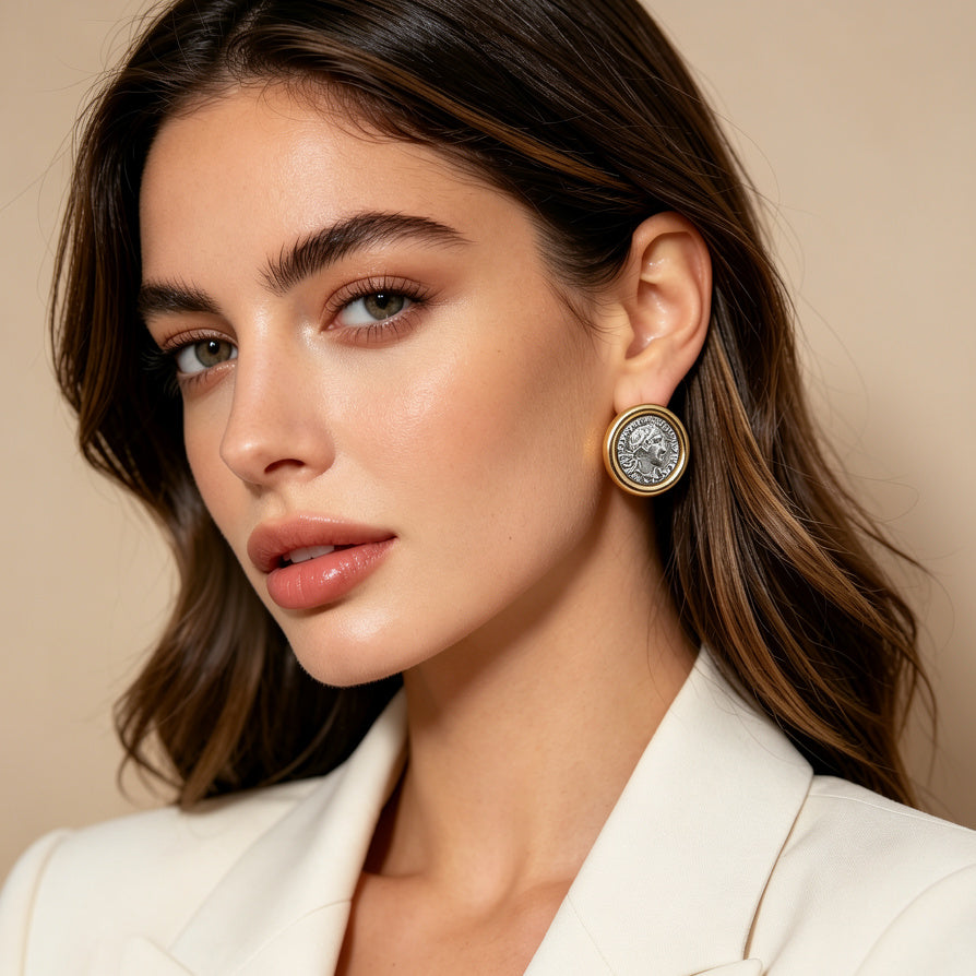 Aretes de Moneda Romana Vintage | Diseño Bicolor Oro/Plata | Joyería al por mayor para Mujeres|JI JOYA