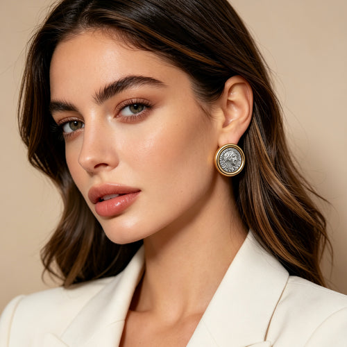 Aretes de Moneda Romana Vintage | Diseño Bicolor Oro/Plata | Joyería al por mayor para Mujeres|JI JOYA