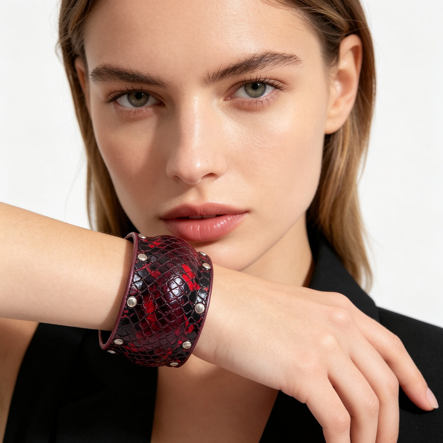 Pulsera de Serpiente con Tachuelas | Diseño de Cuero de Serpiente en 3 Colores | Joyería Mayorista de Moda|JI JOYA
