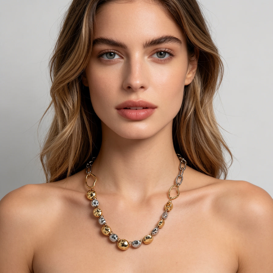 JI JOYA VENTA AL POR MAYOR|Conjunto de Joyas de Moda Mujer, Collar y Pulsera de Bolas en Oro y Plata| Pedido al Por Mayor