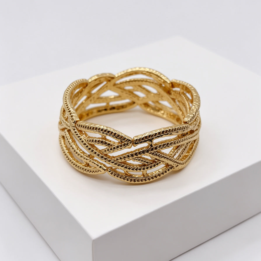 Pulsera Brazalete de Metal Entrelazado - Diseño Texturizado Vintage, Disponible en Dorado y Plateado, Venta al Mayoreo para Joyería Moda|JI JOYA