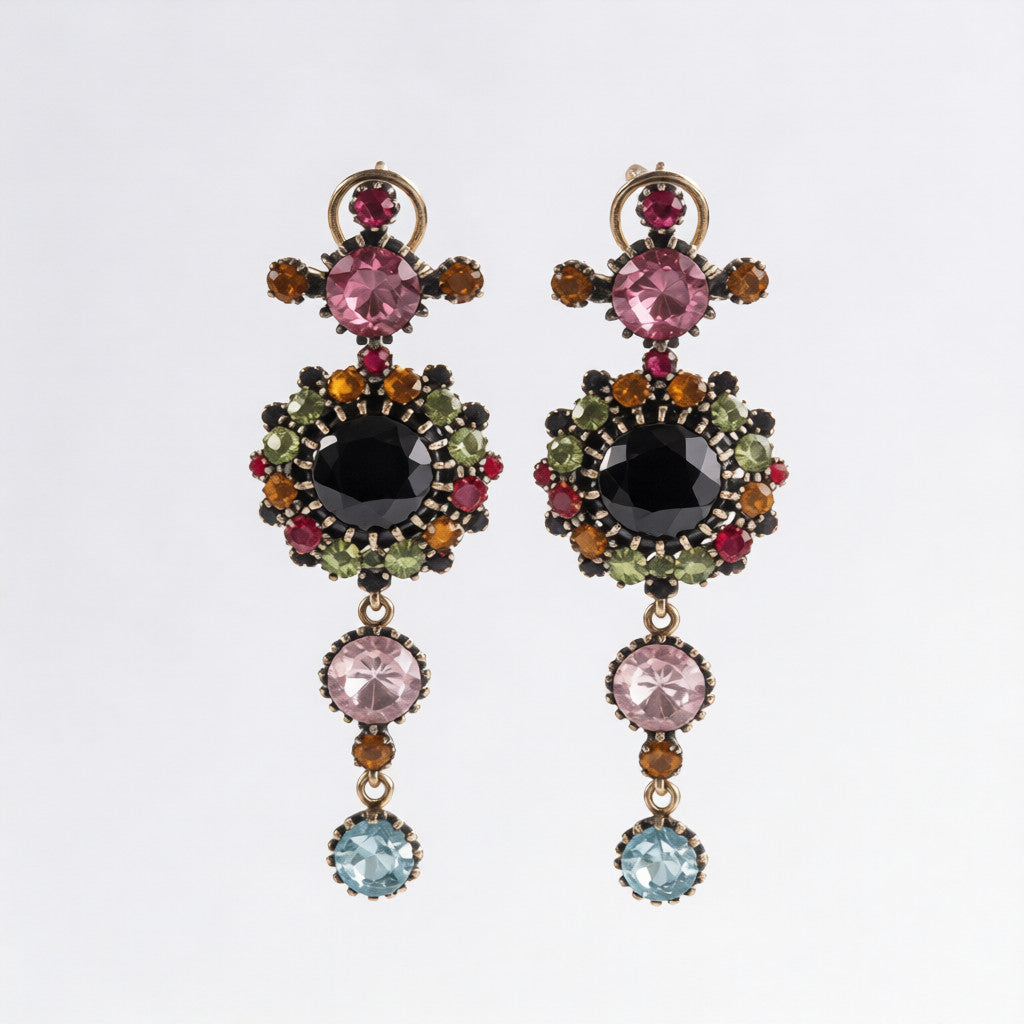 Conjunto vintage de collar y pendientes con piedras preciosas multicapa | Joyería bohemia de lujo para la noche