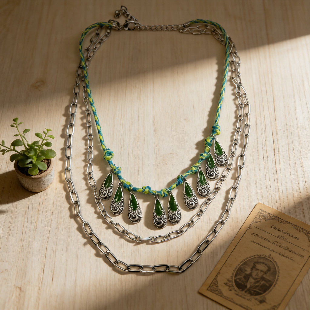 Collar de Declaración con Dijes de Piedra Roja/verde y Capas de Cadena Dorada | Boho Chic