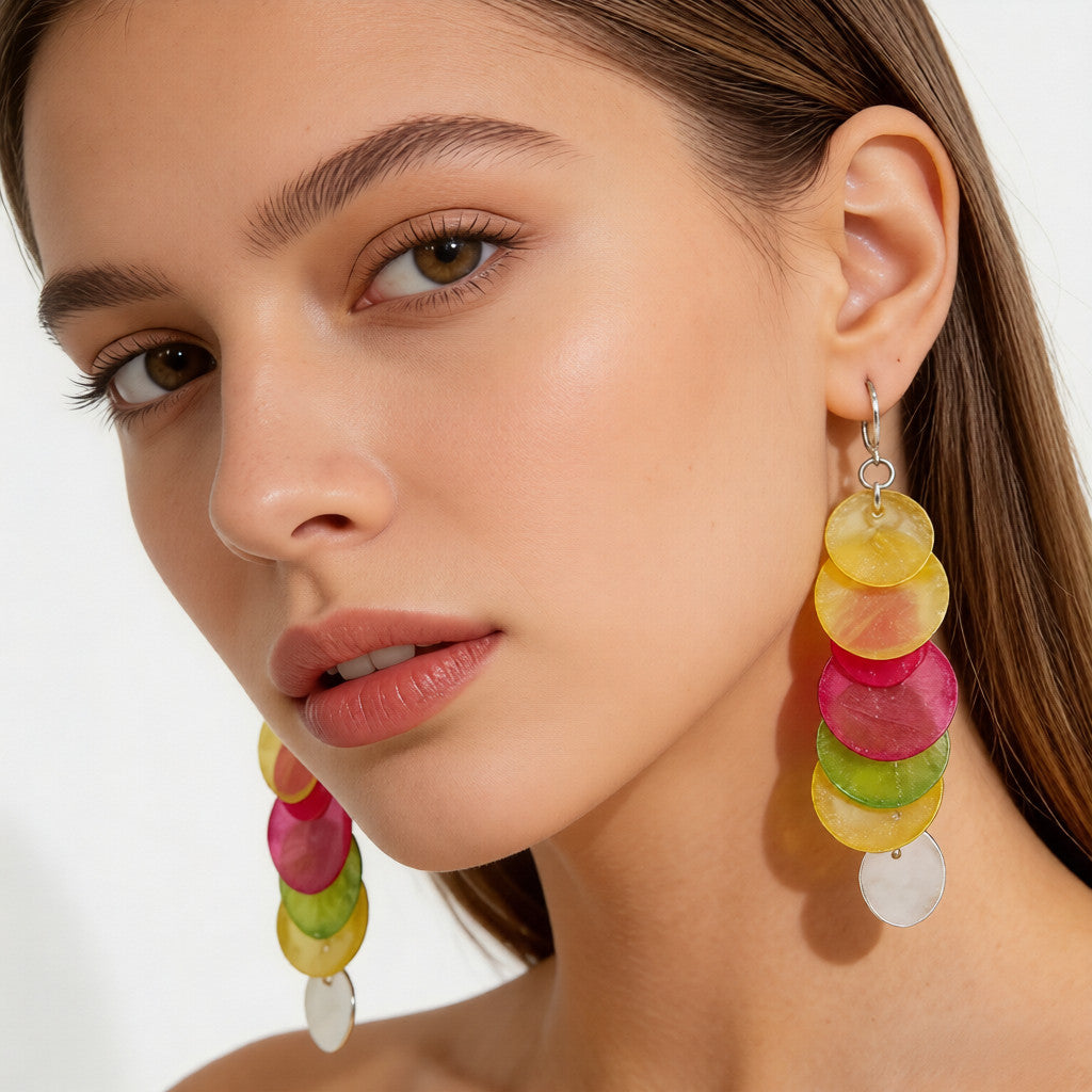 Conjunto de aretes y collar con borlas apiladas de conchas naturales "Arcoíris de verano" | Imprescindible para looks de estilo resort llenos de dopamina