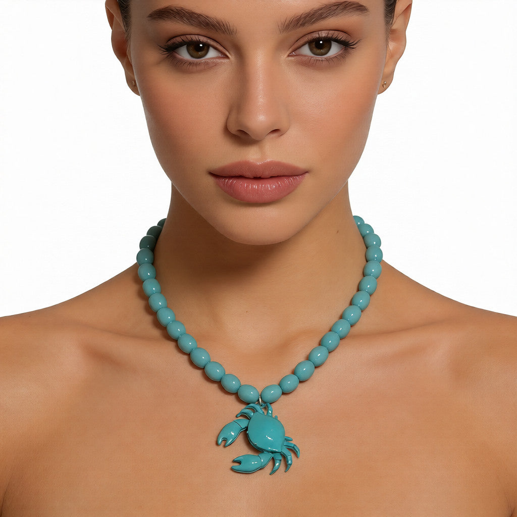 Turquoise Beaded Necklace with Crab Charm - Ideal Summer Accessory