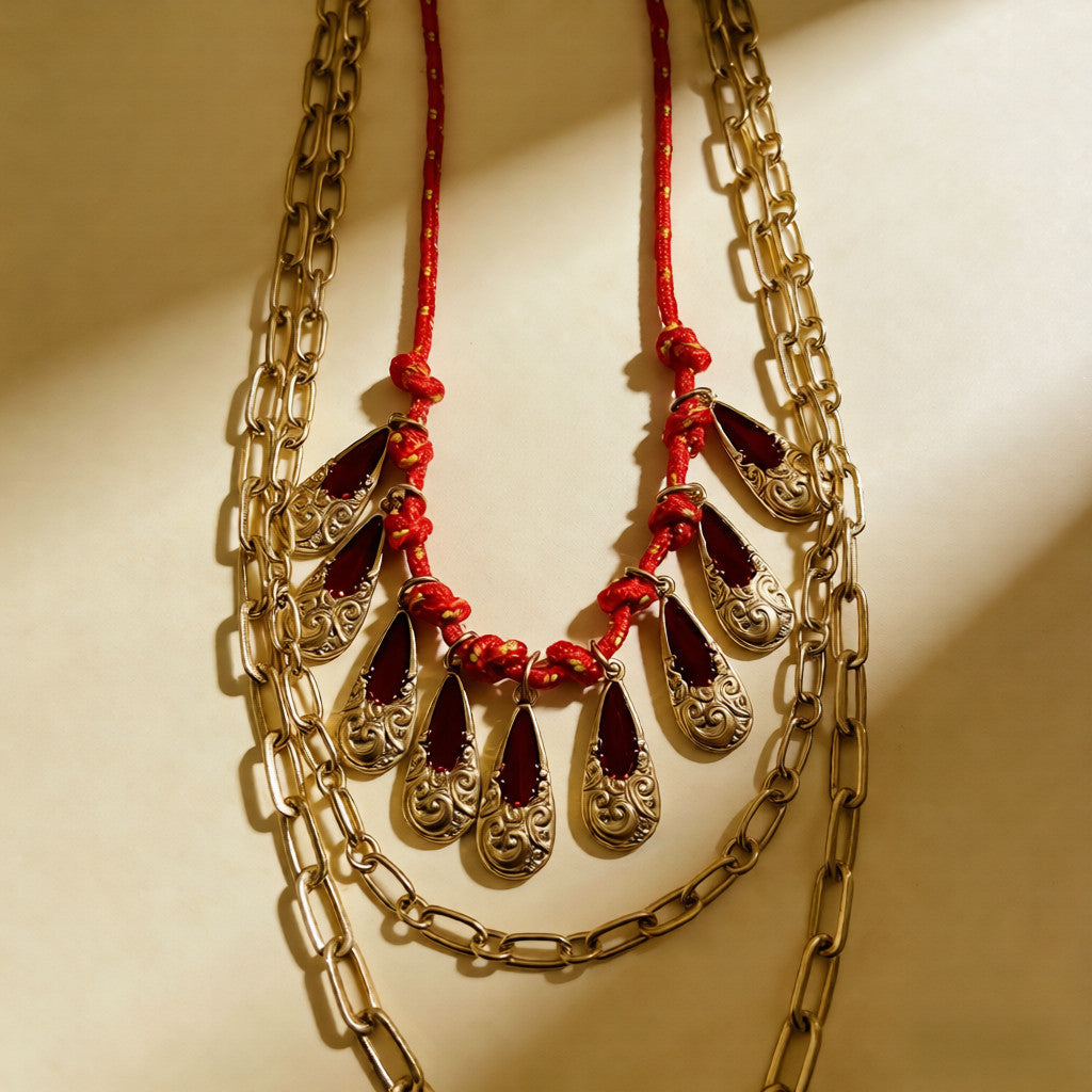 Collar de Declaración con Dijes de Piedra Roja/verde y Capas de Cadena Dorada | Boho Chic