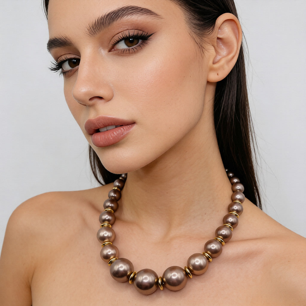 Conjunto de collar y pulsera de perlas gris oscuro mate | Joyería minimalista de lujo con detalles en oro para mujer