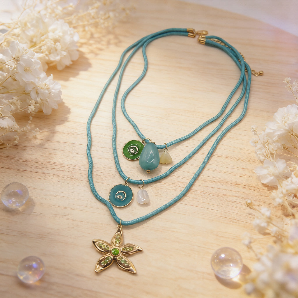 Trendy Three-Layer Fashion Necklace with Crystal and Metal Charms - Women's Statement Jewelry