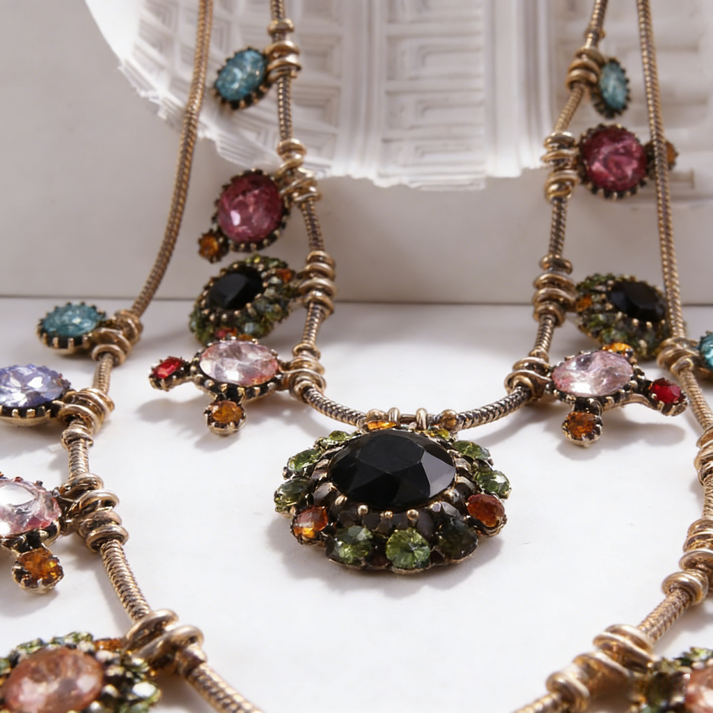 Conjunto vintage de collar y pendientes con piedras preciosas multicapa | Joyería bohemia de lujo para la noche