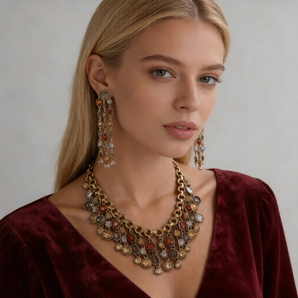 Conjunto de collar y pendientes vintage con piedras preciosas bohemias | Joyas doradas para eventos nocturnos