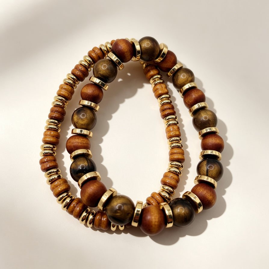 Pulsera de Madera y Ojo de Tigre con Detalles Dorados - Joyería al Por Mayor para Tiendas|JI JOYA
