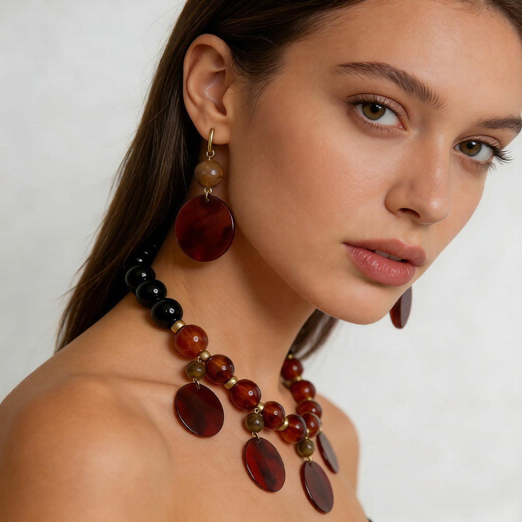 Bohemian chic reddish-brown beaded necklace with golden details | Handmade resin pendant necklace