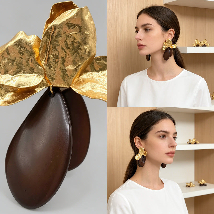 Lote de Pendientes de Flor Dorada con Colgante Resina - Mayorismo | Diseño Minimalista y Elegante, Ideal para Revendedores|JI JOYA