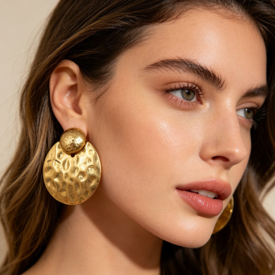 Pendientes Colgantes Dorados Martillados - Diseño Circular Grande | Venta al Por Mayor