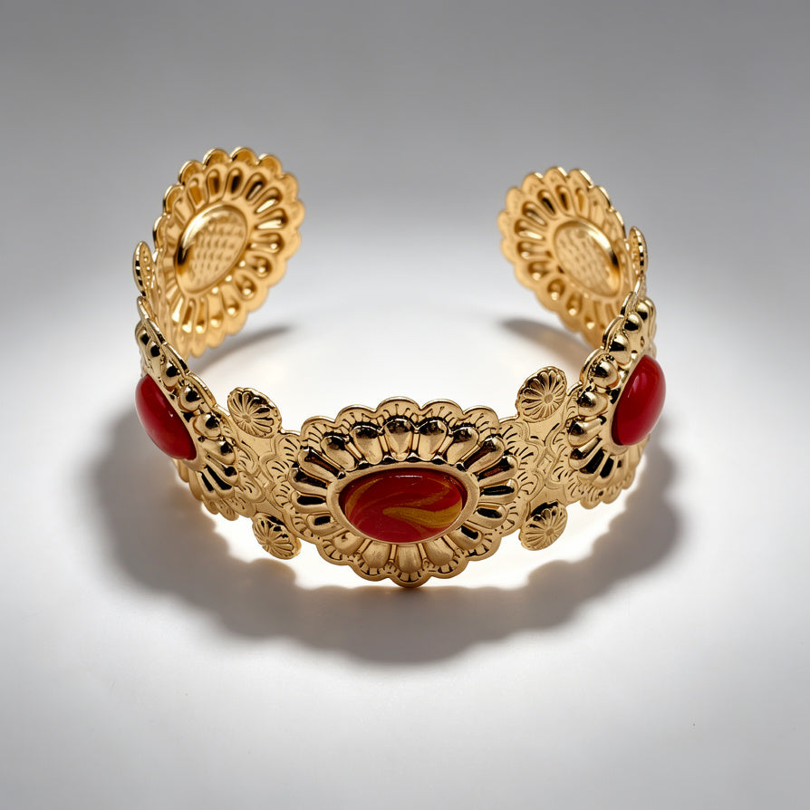 Pulsera Brazalete de Metal Dorado con Piedras Rojas, Diseño Étnico Boho, Accesorio para Mujer, Mayorista|JI JOYA