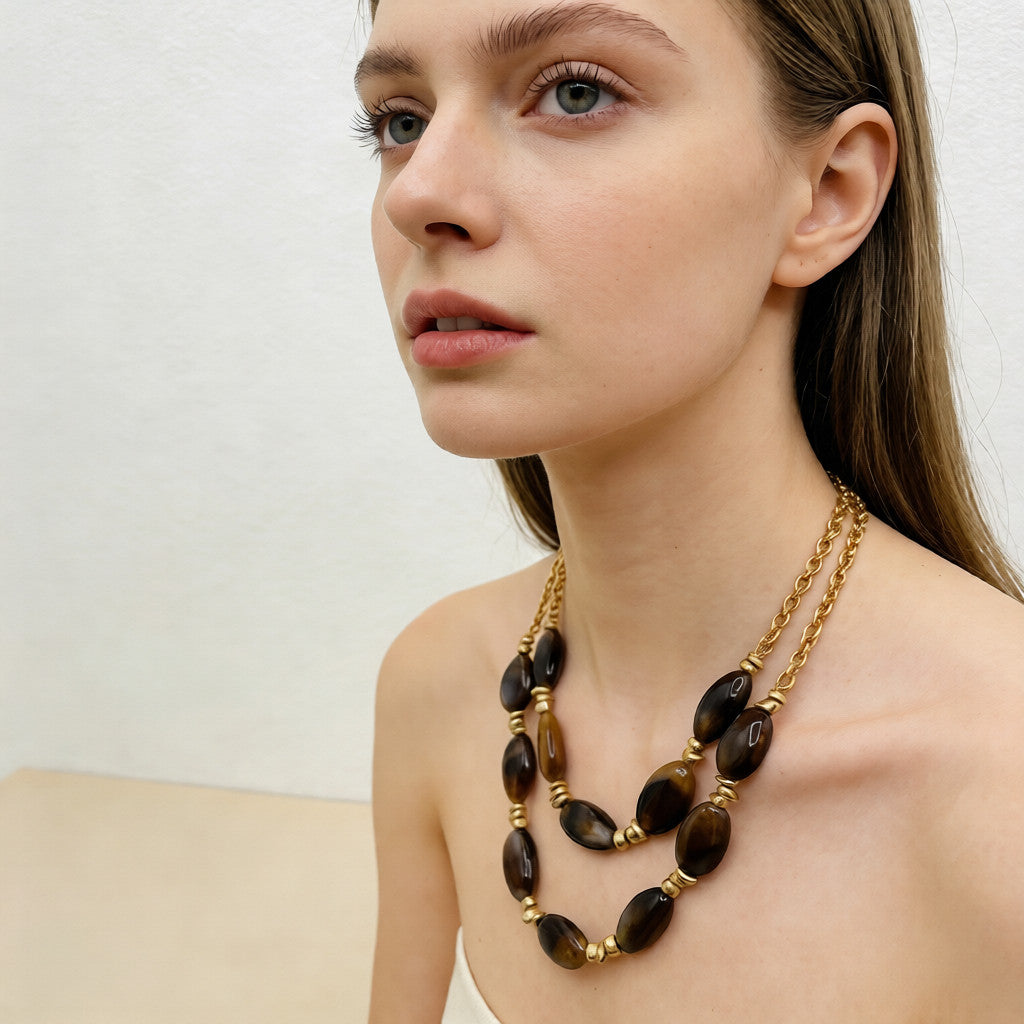 Collar de resina jaspeada azul|marrón ámbar medianoche de doble capa | Joyería llamativa de oro macizo