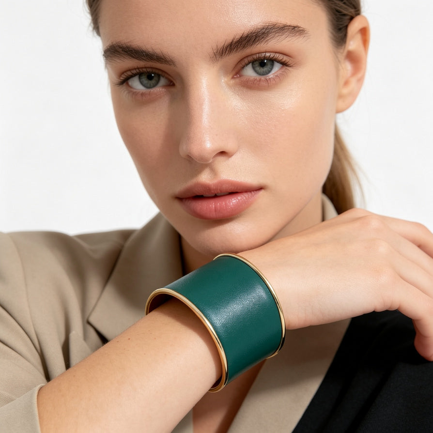 Brazalete Ancho de Cuero Sintético con Borde Dorado | Joyería Mayorista para Mujer | Varios Colores|JI JOYA