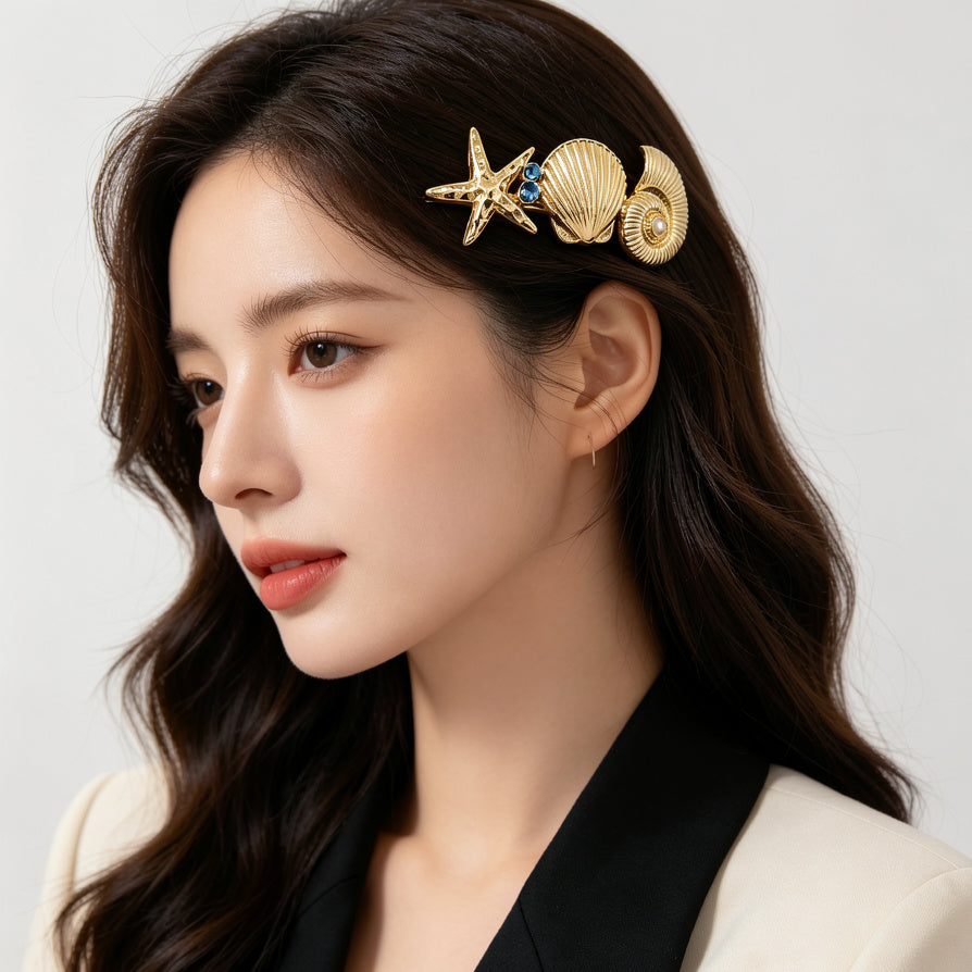 JI JOYAS - Pasador de Cabello Marino Dorado - Diseño Estrella de Mar, Concha y Nautilus con Cristales Azules y Perla - Accesorio de Pelo para Mujer, Mayorista|JI JOYA