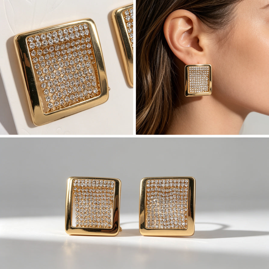 Pendientes Cuadrados de Zirconia en Oro Imitación - Joyería Mayorista|JI JOYA