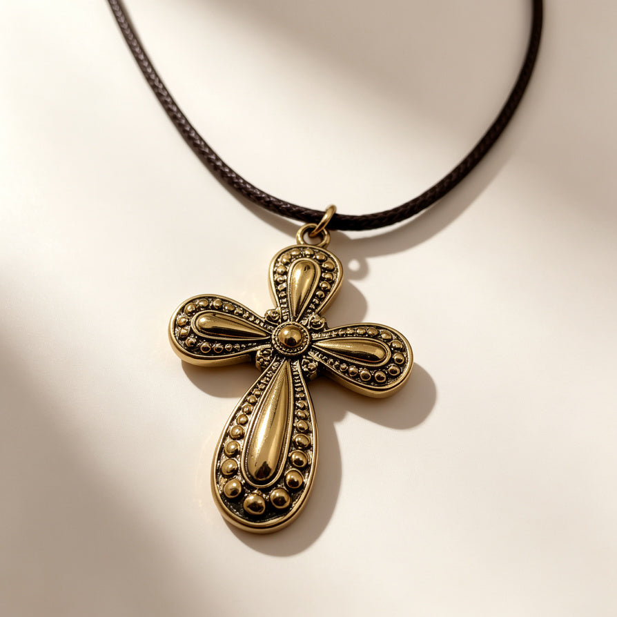 Collar Cruz Vintage de Metal Dorado/Plateado con Cordón de Cuero - Joyería al Por Mayor|JI JOYA