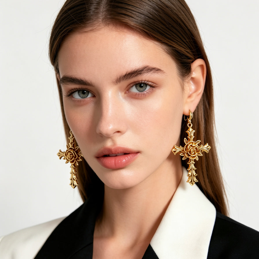 Pendientes Góticos Cruz Rosa - Plata/Aleación Dorada, Joyería de Moda Alternativa para Mujer | Mayorista|JI JOYA