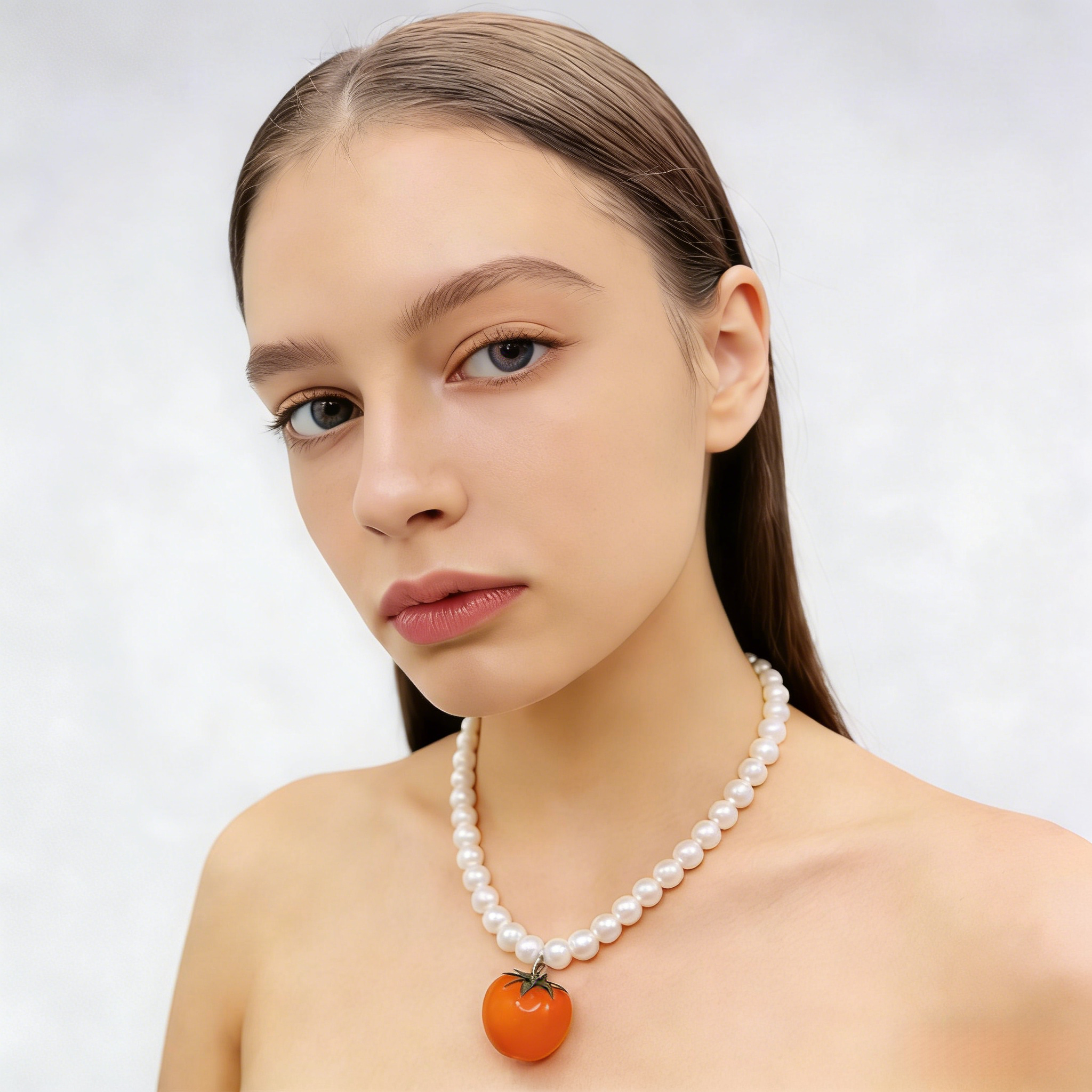 Conjunto de collar y pendientes colgantes con perla de tomate | Joyas originales de frutas de verano