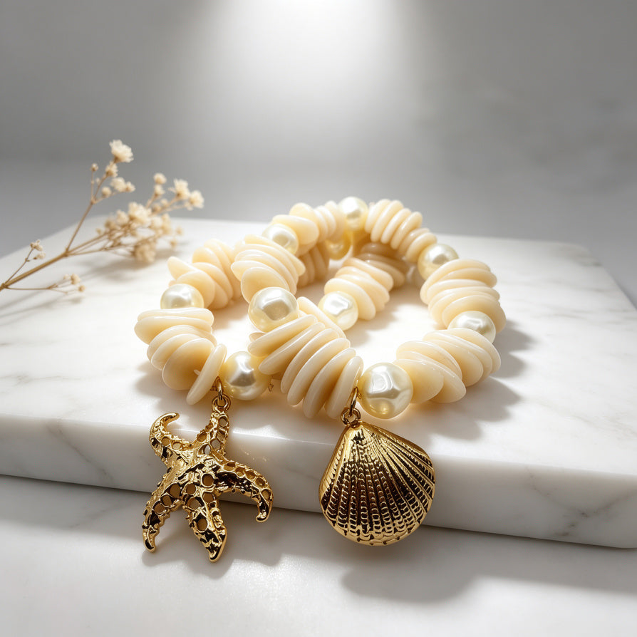 Pulsera de Playa con Cuentas de Nácar y Perla, Charms Dorados de Estrella de Mar y Concha - Venta al Por Mayor|JI JOYA