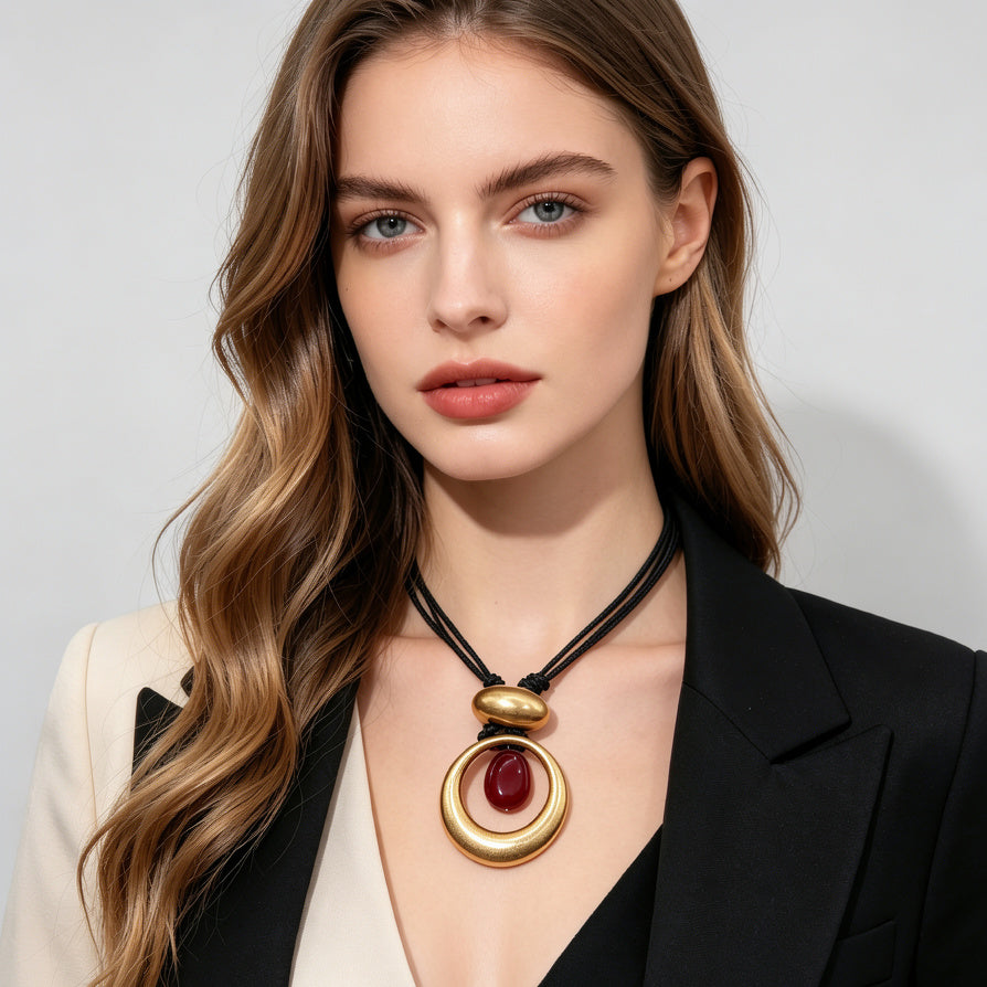 JI JOYA VENTA AL POR MAYOR|Collar de Moda Mayorista | Colgante Dorado con Piedra Resina (2 Colores: Borgoña / Verde Turquesa) | Cordón Negro Ajustable