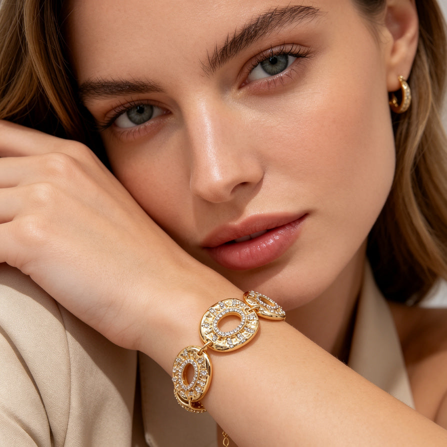 Pulsera Mayorista de Zinc Aleación con Circonias - Diseño Ovalado Texturizado en Oro/Plata|JI JOYA