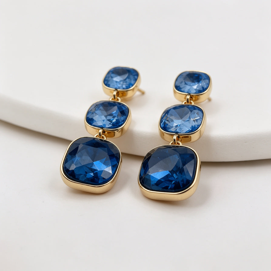 Aretes de Cristal Colgantes de 3 Piedras con Montura Dorada - Mayorista de Moda|JI JOYA