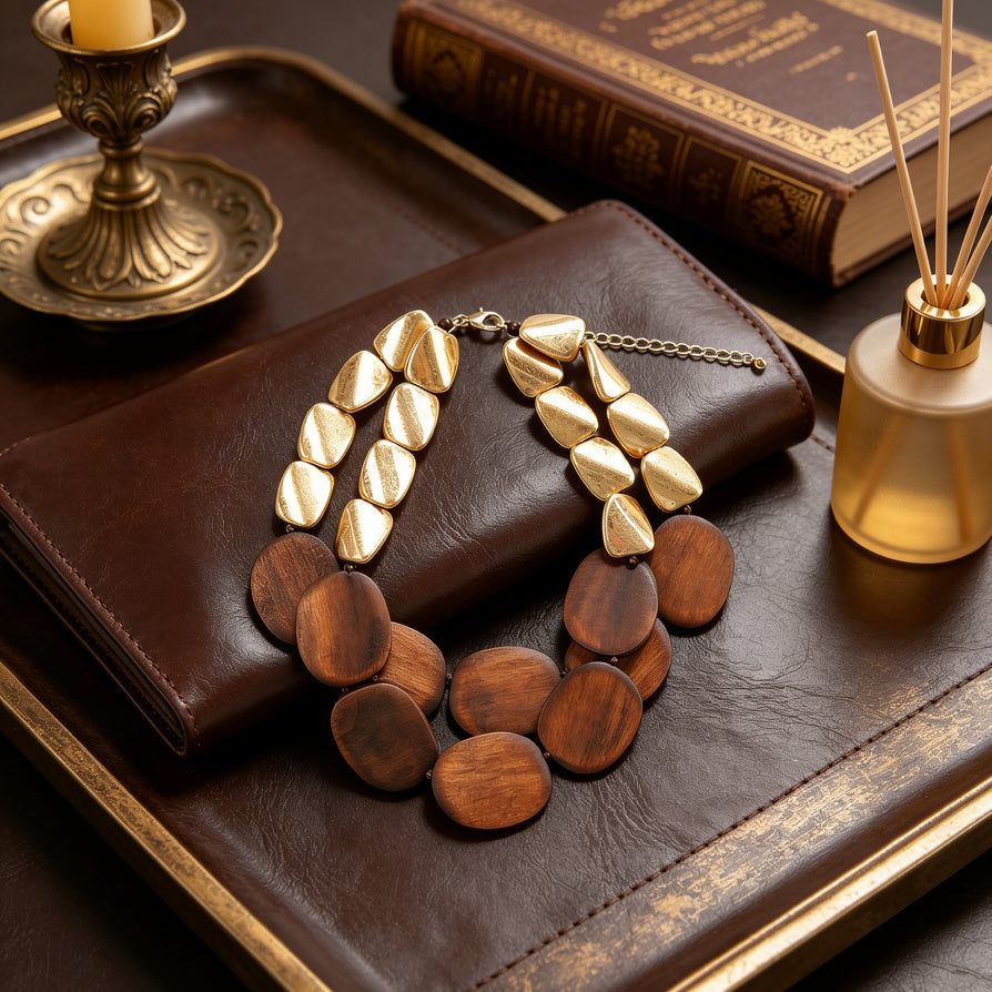 Collar de Madera y Metal Dorado/Plateado - Estilo Boho Minimalista para Mujer|JI JOYA
