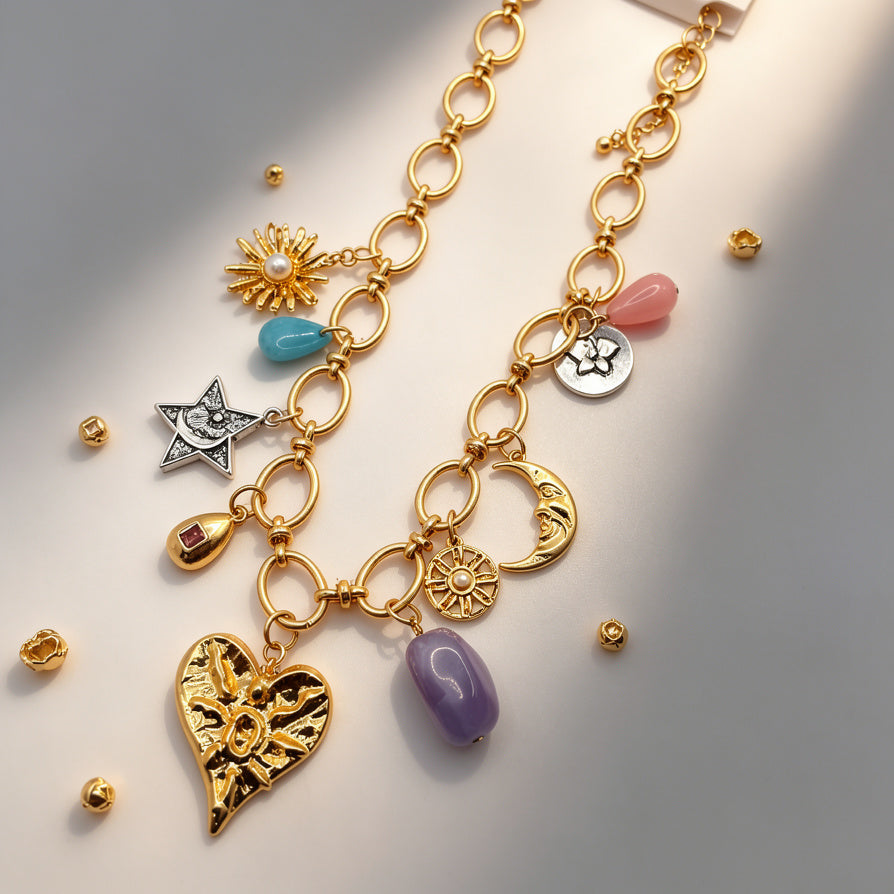 Collar de Cadena de Oro con Colgantes de Corazón y Estrellas - Diseño Único de Aleación|JI JOYA