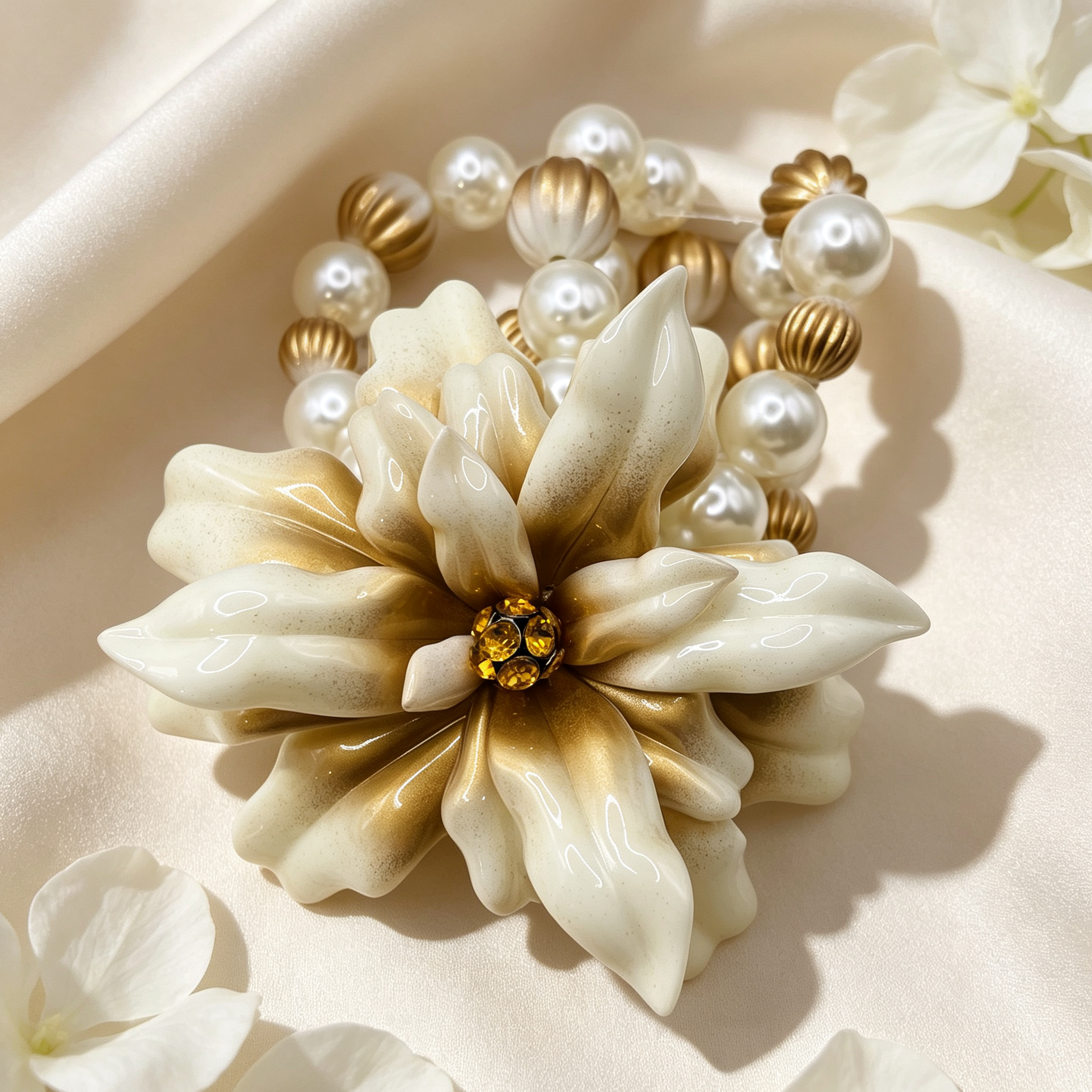 Set Pendientes y Pulsera Flor Crema‑Oro, Accesorios de Fiesta para Mujer, Venta al Por Mayor|JI JOYA