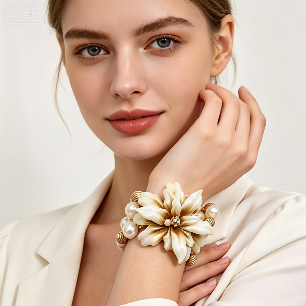 Set Pendientes y Pulsera Flor Crema‑Oro, Accesorios de Fiesta para Mujer, Venta al Por Mayor|JI JOYA