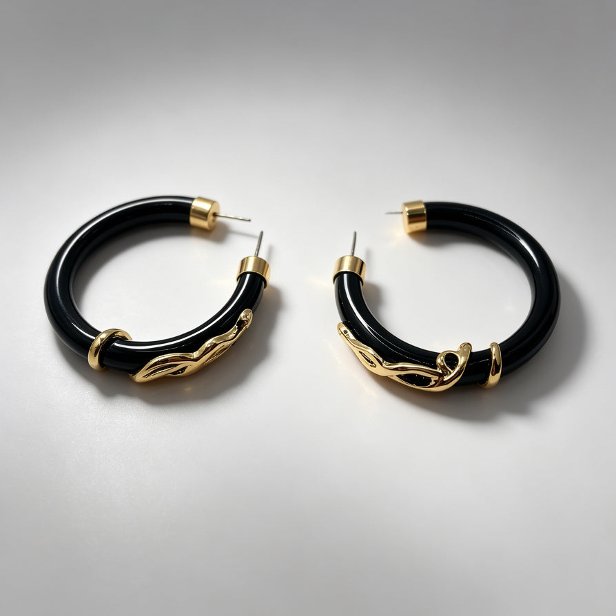 Español：Pendientes Aro Resina Elegante Con Detalles Dorados, Diseño Serpiente Minimalista | Joyería Mayorista Mujer|JI JOYA